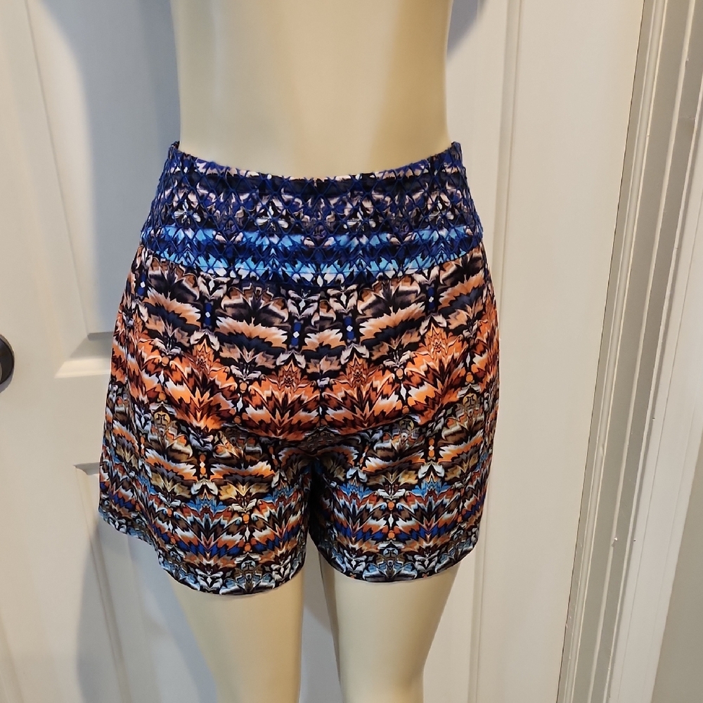 Bebe Blue and Orange Athletic Shorts Geometric Print
